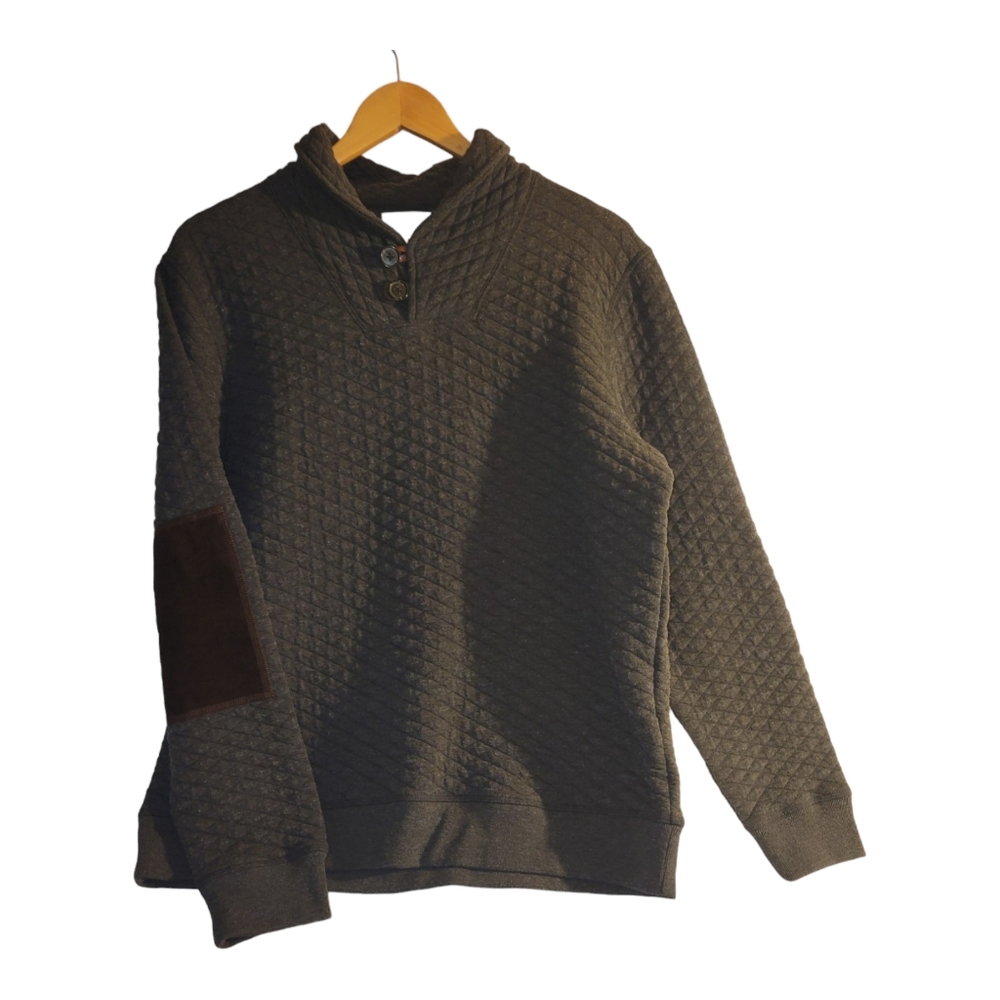 Billy Reid Mens Diamond Quilt Shawl Sweatshirt Large Gray w Suede Elbow Patches